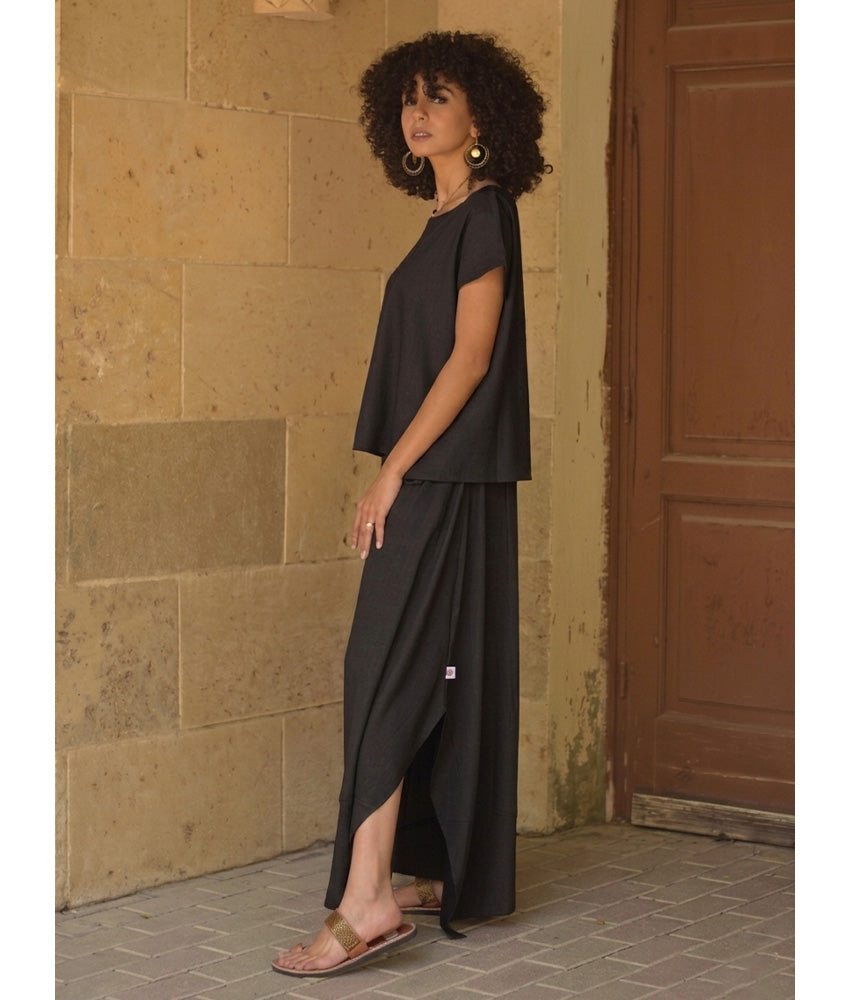 Black Linen Draped Wide-Leg Pants