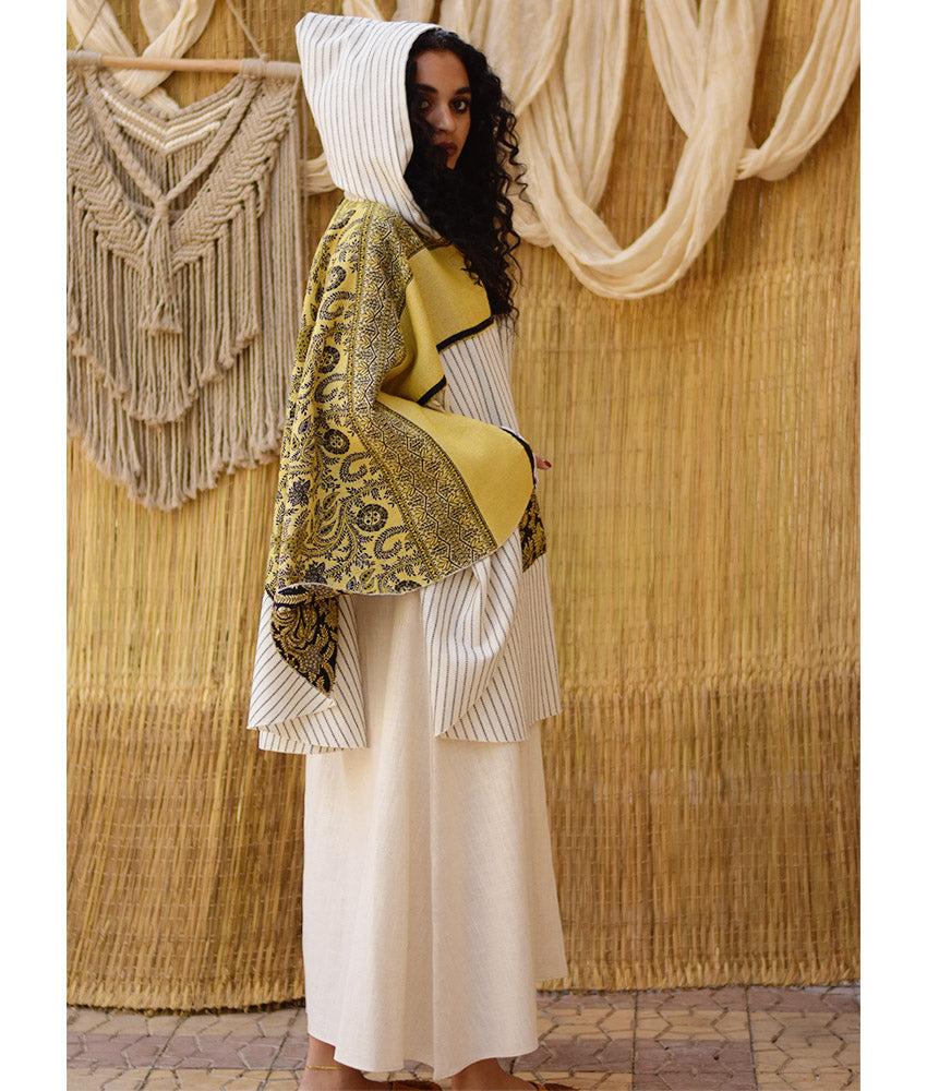White, Black & Mustard Wool & Heavy Linen Double-Face Heritage Cape