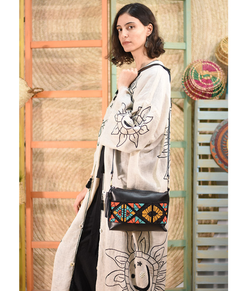 Black Hand Stitched Leather Cross Bag with Beads handmade in Egypt and available at Jozee Boutique.