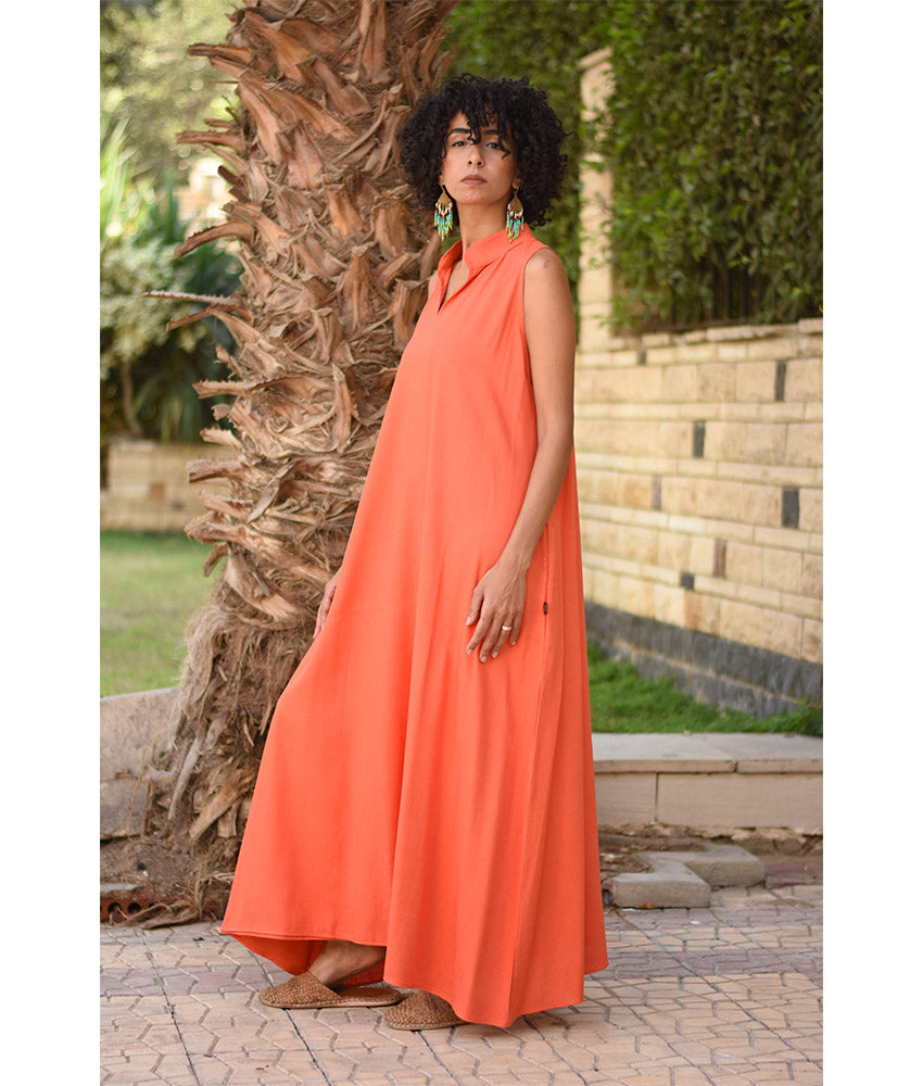 Orange red Linen Japanese Dress made in Egypt & available in Jozee boutique