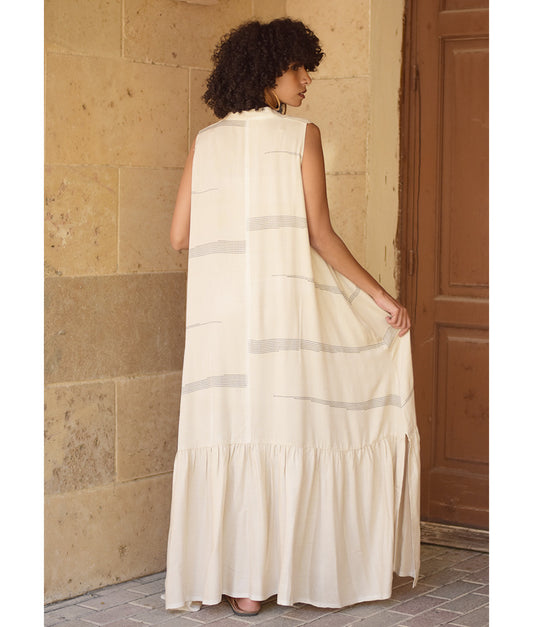Off White Handwoven Ruffle Dress Handmade in Egypt & available at Jozee Boutique