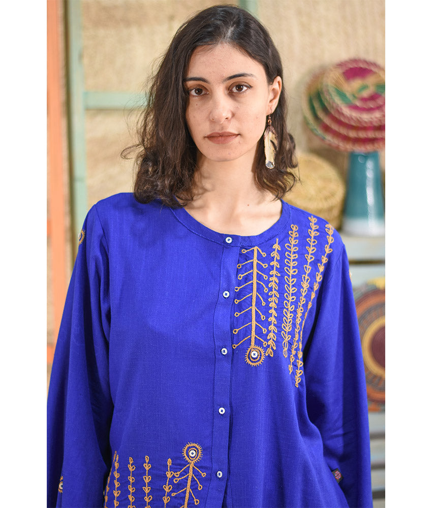 Electric blue Linen Siwa Embroidered Set handmade in Egypt & available at Jozee boutique