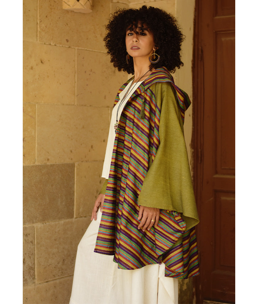 Olive Green & Multicolored Silk & Cotton Hooded Cape