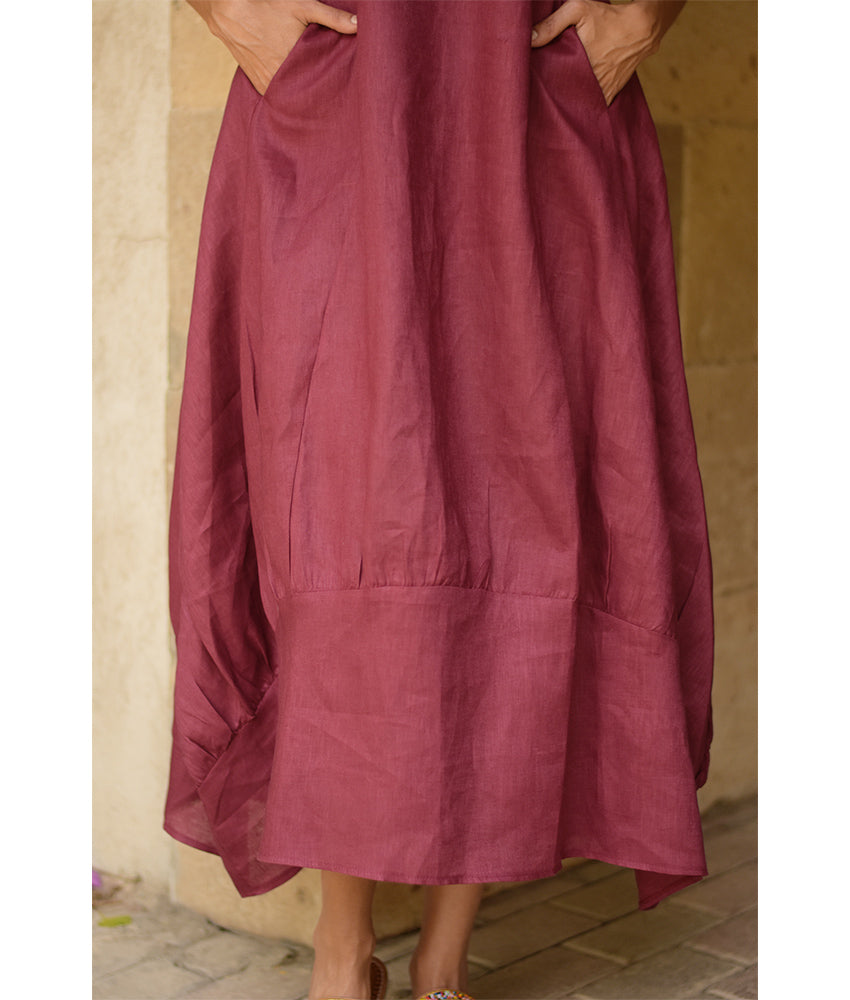 Burgundy Raw Linen Balloon Dress handmade in Egypt & available at Jozee boutique
