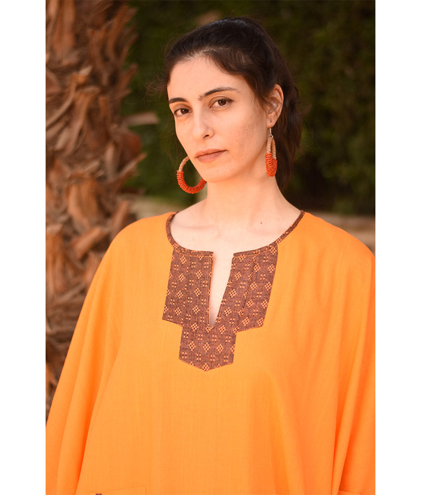 Orange Linen Kaftan with Silk & Cotton Loom Woven Patches handmade in Egypt & available at Jozee Boutique.