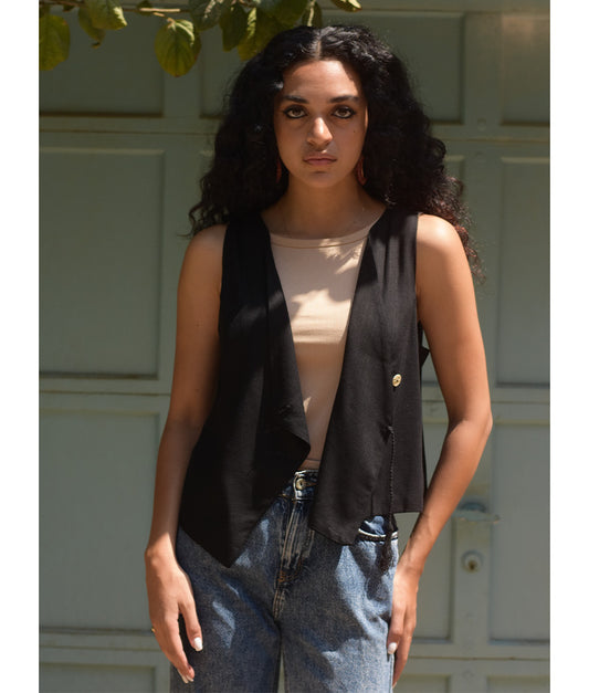Black El Mahrousa Linen Wrap Vest handmade in Egypt & available at Jozee Boutique.