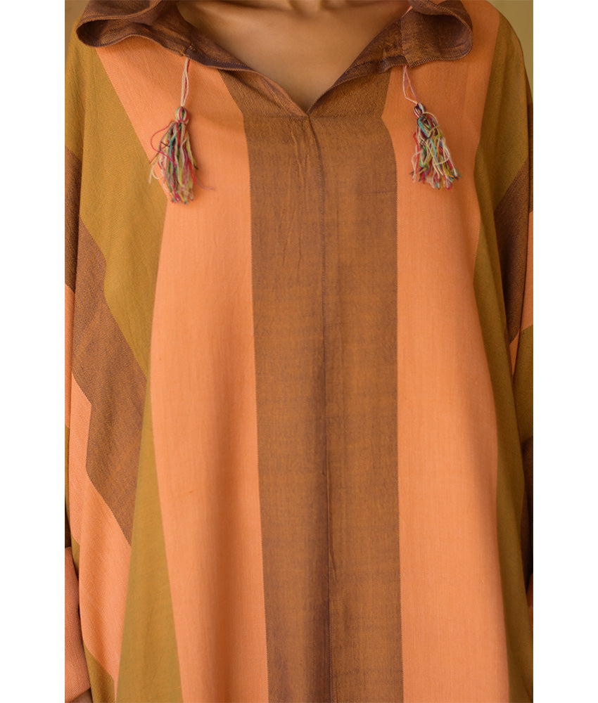 Peach & Brown Stripped Viscose Kaftan with Hoodie handmade in Egypt & available at Jozee Boutique.