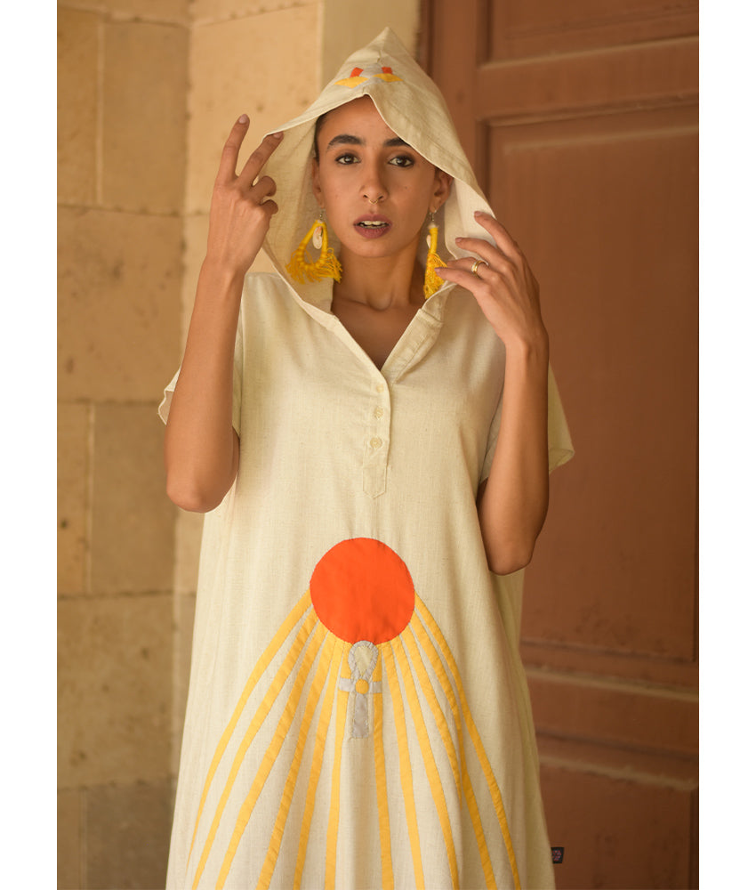 Off White Linen Dress with Khyamia Ancient Egyptian Crafts Patchwork handmade in Egypt & available at Jozee Boutique.