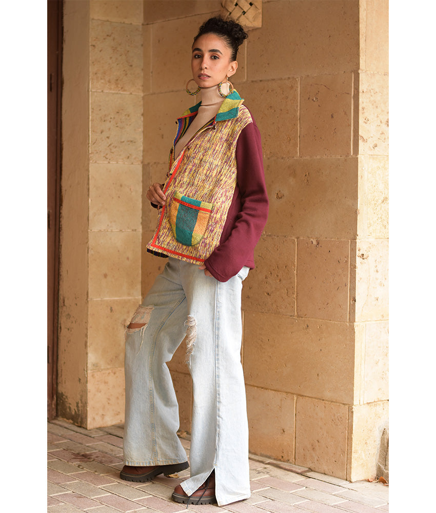 Burgundy & beige Cropped Akhmim Loomwoven Jacket handmade in Egypt & available at Jozee Boutique.handmade in Egypt & available at Jozee Boutique.