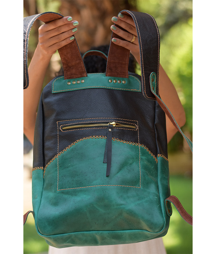Black & Green Genuine Leather Backpack handmade in Egypt and available at Jozee Boutique.