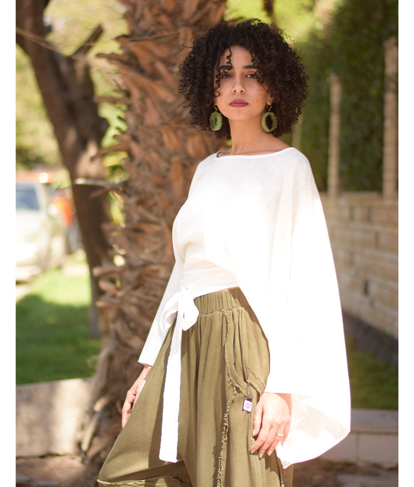 White Kimono Linen Top handmade in Egypt & available at Jozee Boutique.