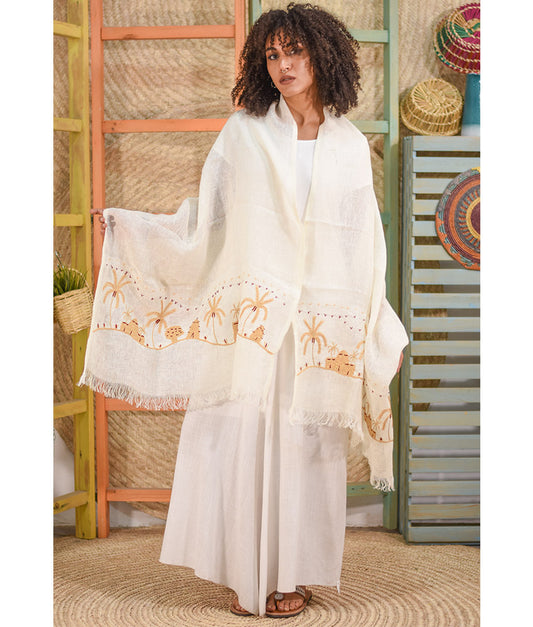 White Embroidered Linen Shawl handmade in Egypt & available at Jozee Boutique