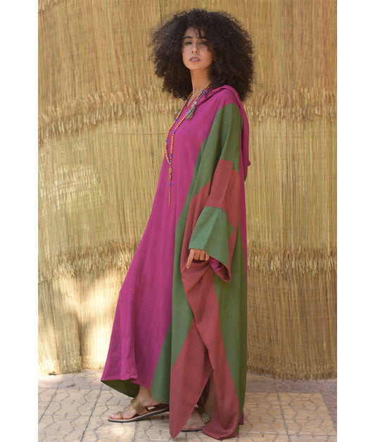 Multicolored Viscose Kaftan with Hoodie