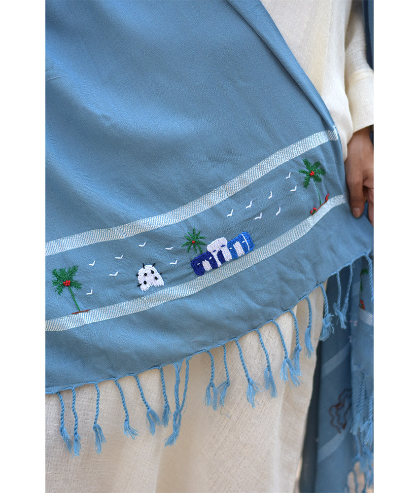 Baby Blue Handwoven Viscose Shawl with Hand Embroideries handmade in Egypt & available at Jozee Boutique.handmade in Egypt & available at Jozee Boutique.