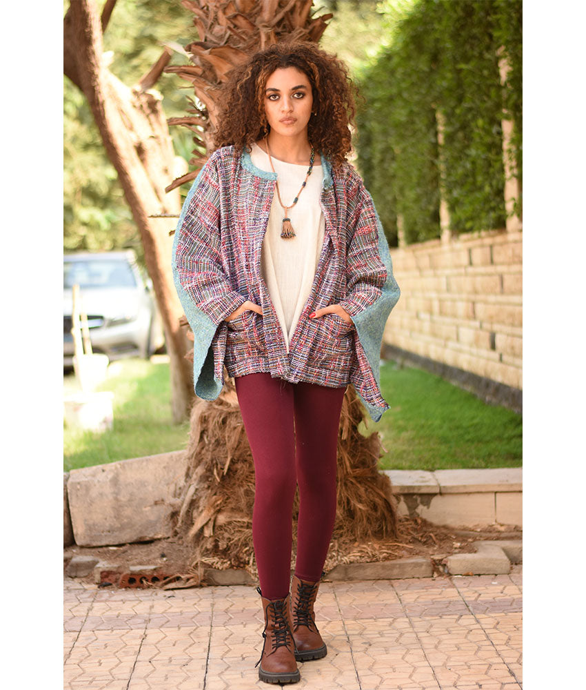 Multicolored Handwoven Jacket handmade in Egypt & available at Jozee Boutique.
