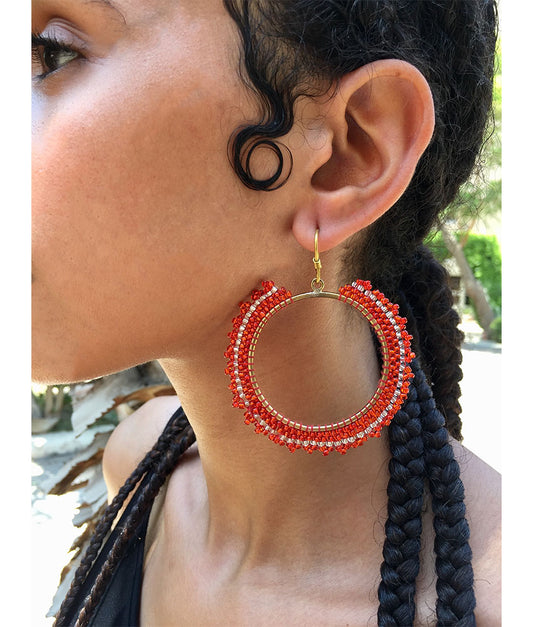 Red & White Beaded Copper Earrings handmade in Egypt & available in Jozee Boutique
