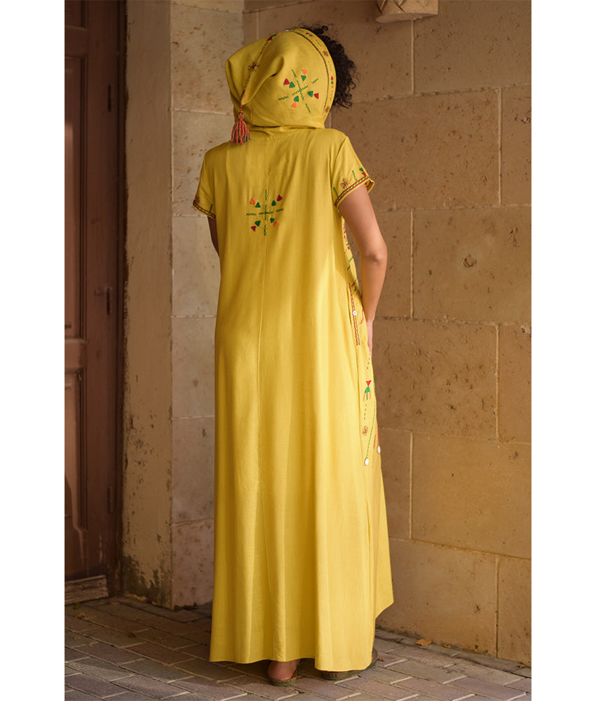 Mustard Siwa Heavily Embroidered Linen Dress with Hoodie handmade in Egypt & available at Jozee Boutique.