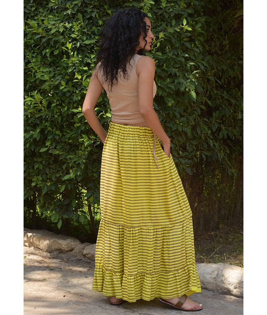 Yellow & Brown Handwoven Ruffle Skirt handmade in Egypt & available at Jozee Boutique.