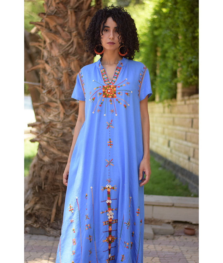 Denim Blue Siwa Embroidered Linen Japanese Dress handmade in Egypt & available at Jozee Boutique.
