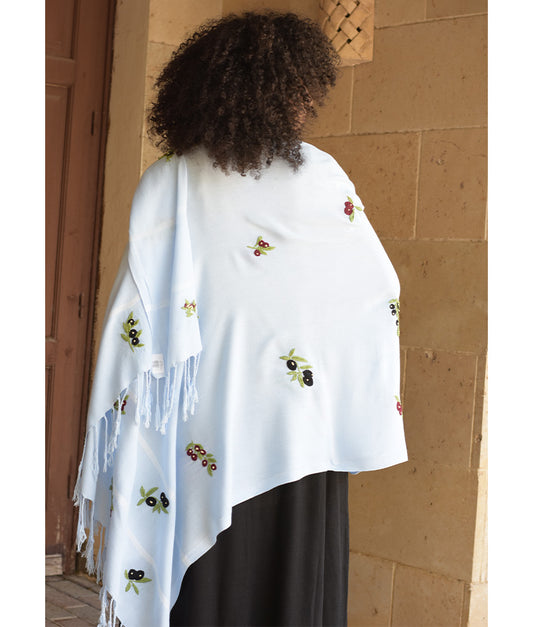 Light Blue Handwoven Viscose Shawl with Hand Embroideries – Fatoum