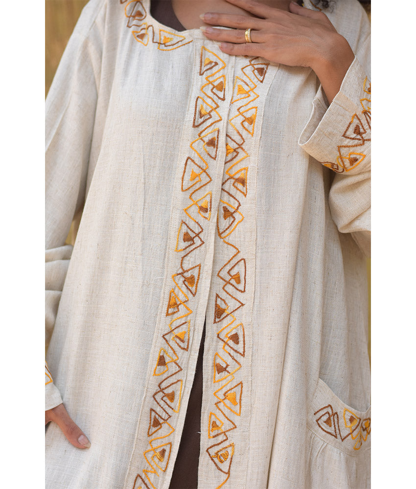 Off White Embroidered Pyramid Linen Cotton Cardigan - Fatoum