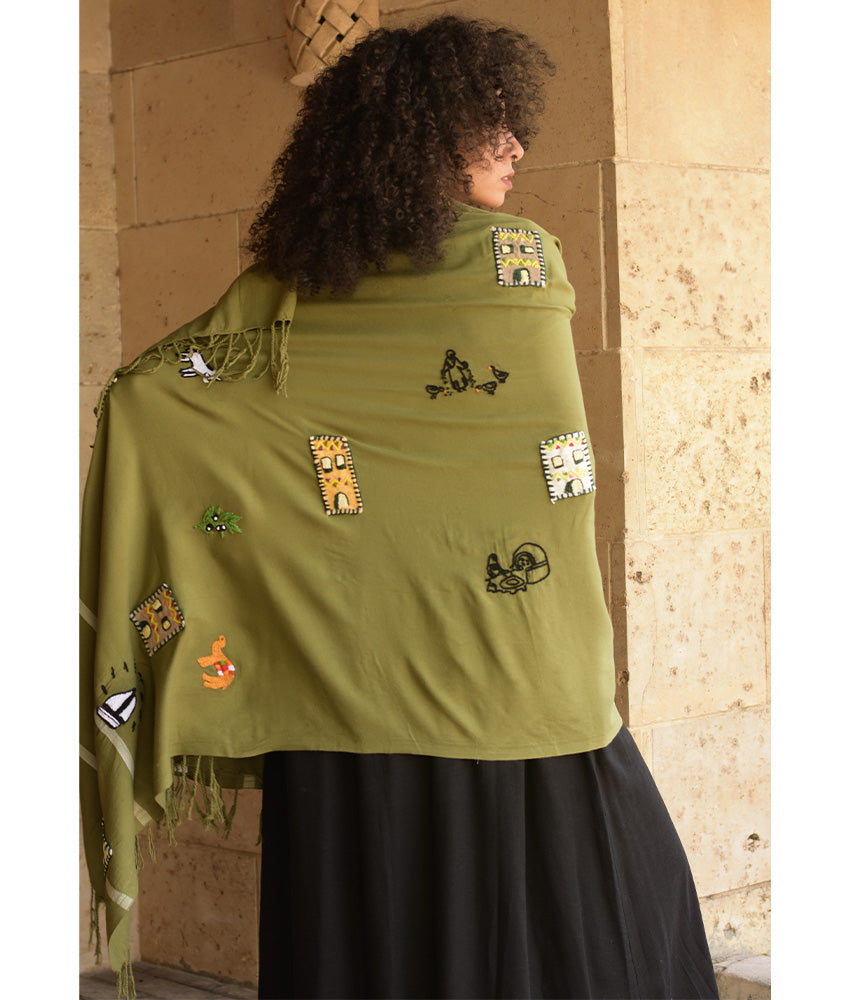 Olive Green Handwoven Viscose Shawl with Hand Embroideries – Fatoum