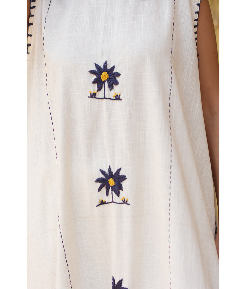 Off White Linen Dress with Hand Embroideries – Fatoum
