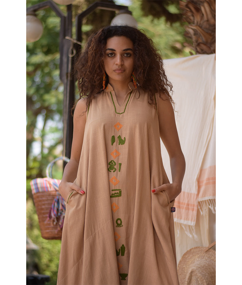 Dark Beige Linen Dress with Hand Embroideries handmade in Egypt & available at Jozee Boutique.