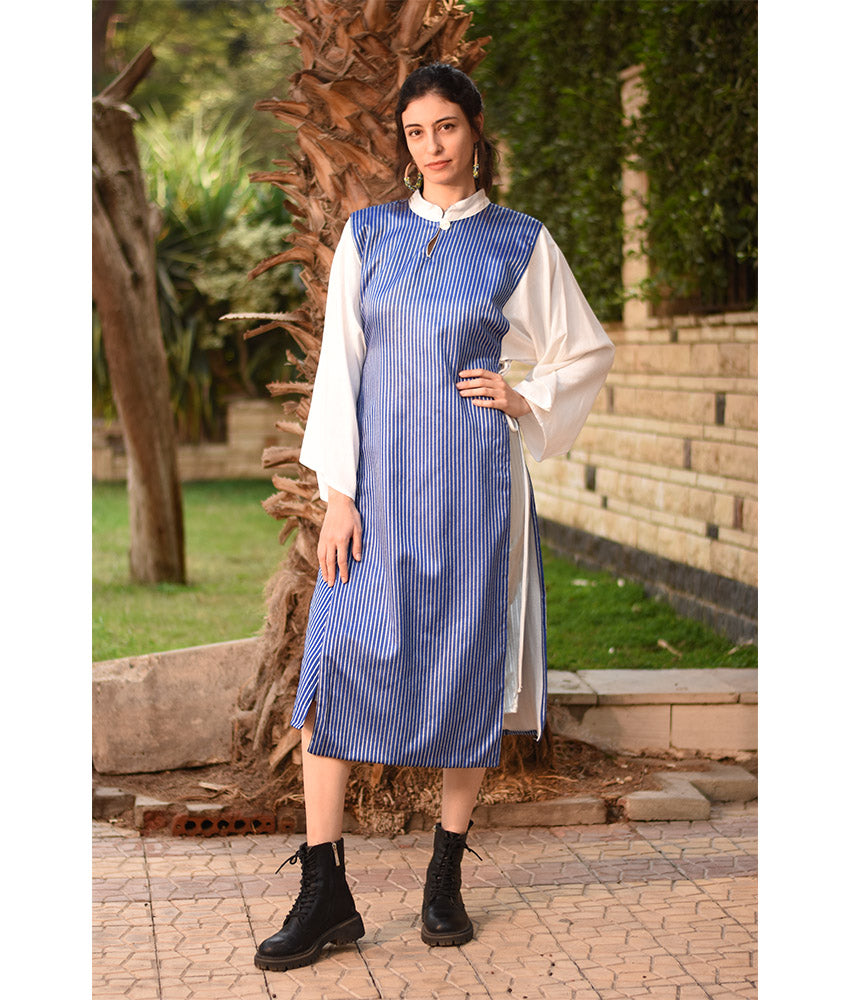 Blue & Silver Silk & Cotton Loom Woven Long Sleeve Tunic handmade in Egypt & available at Jozee Boutique.