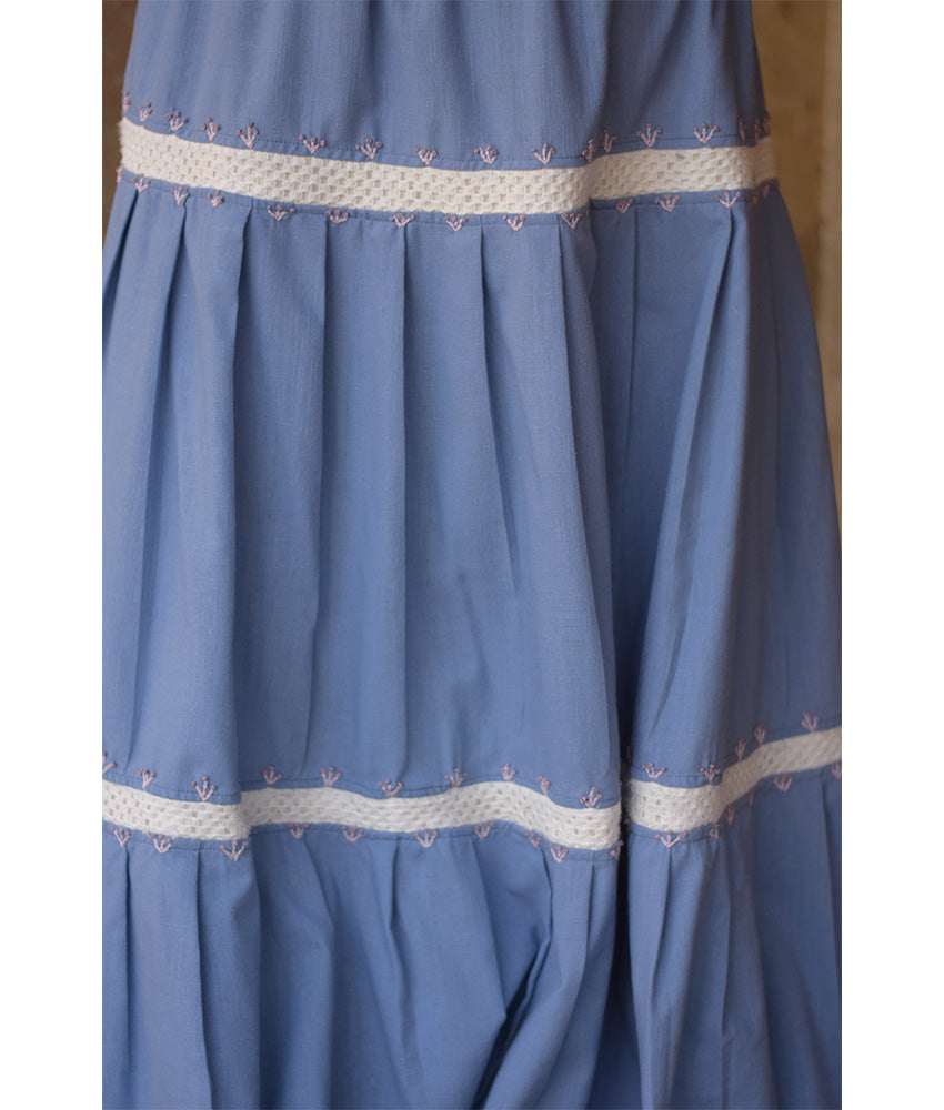 baby blue & White Linen Skirt with Hand Embroideries handmade in Egypt & available at Jozee Boutique.