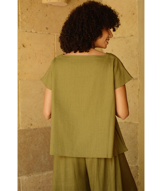 Olive green Linen Relaxed Top handmade in Egypt & available at Jozee boutique
