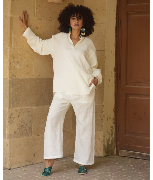 White Cotton Textured Oversized Top handmade in Egypt & available at Jozee boutique