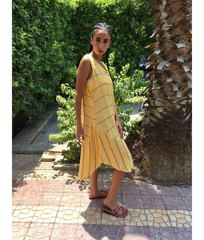 Yellow & Purple Viscose Midi Sleeveless Dress Handmade in Egypt & available in Jozee boutique