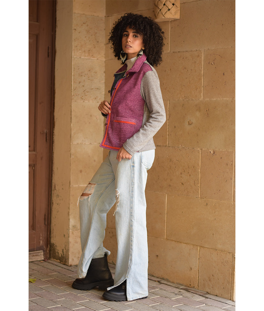 Grey & Fuchsia Cropped Akhmim Loomwoven Jacket handmade in Egypt & available at Jozee Boutique.handmade in Egypt & available at Jozee Boutique.