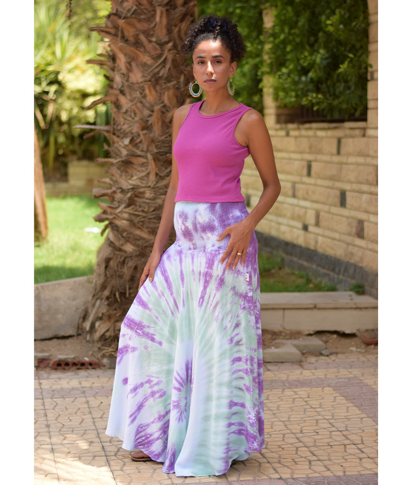 Purple & Green Tie Dyed Maxi Skirt handmade in Egypt & available at Jozee Boutique.