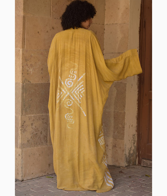 Mustard Batik Dyed Nubian Cardigan handmade in Egypt & available at Jozee Boutique.
