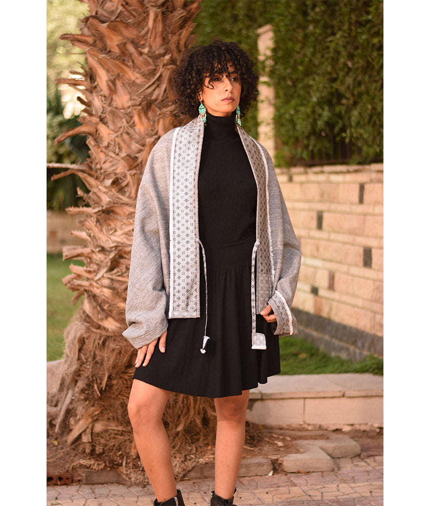 Grey Thin Wool Bolero with Silk & Cotton Loom Woven Patches handmade in Egypt & available at Jozee Boutique.