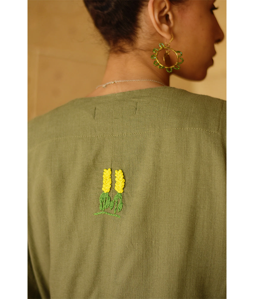 Olive Embroidered Linen Cotton Mix Bolero/Top & Pants Set handmade in Egypt & available in Jozee boutique