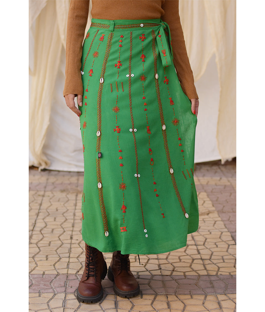 Green Siwa Embroidered Linen Wrap Skirt handmade in Egypt & available at Jozee Boutique.