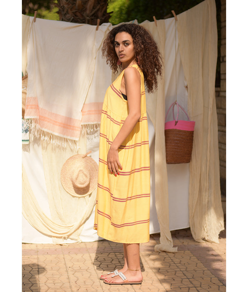 Yellow Viscose Midi Sleeveless Dress handmade in Egypt & available at Jozee Boutique.