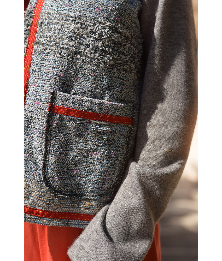 Grey Cropped Akhmim Loomwoven Jacket handmade in Egypt & available at Jozee Boutique.handmade in Egypt & available at Jozee Boutique.