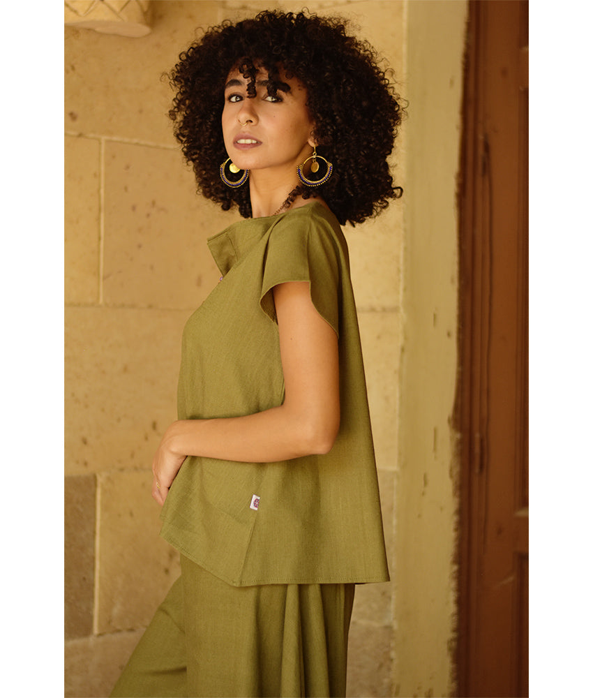 Olive green Linen Relaxed Top handmade in Egypt & available at Jozee boutique