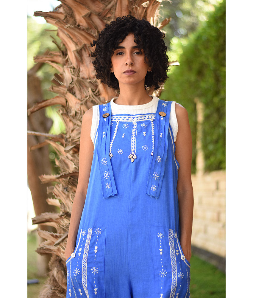 Denim Blue Siwa Embroidered Linen Jumpsuit Handmade in Egypt & available at Jozee Boutique