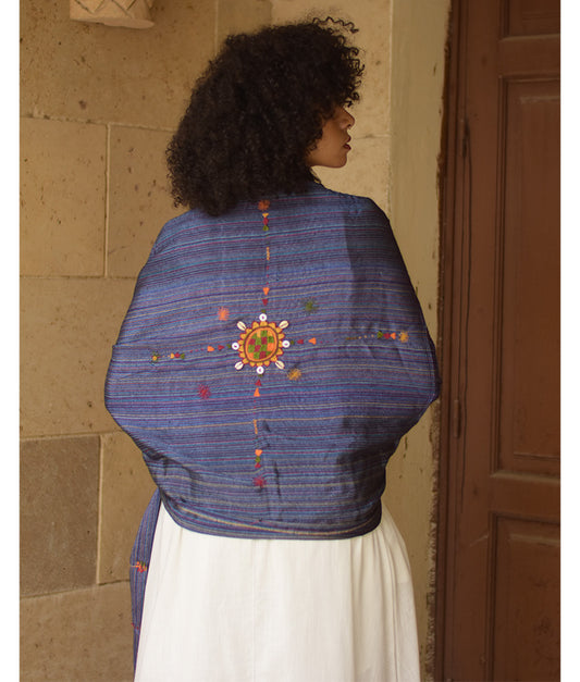 Royal Blue Silk & Cotton Siwa Embroidered Shawl Handmade in Egypt & available at Jozee Boutique