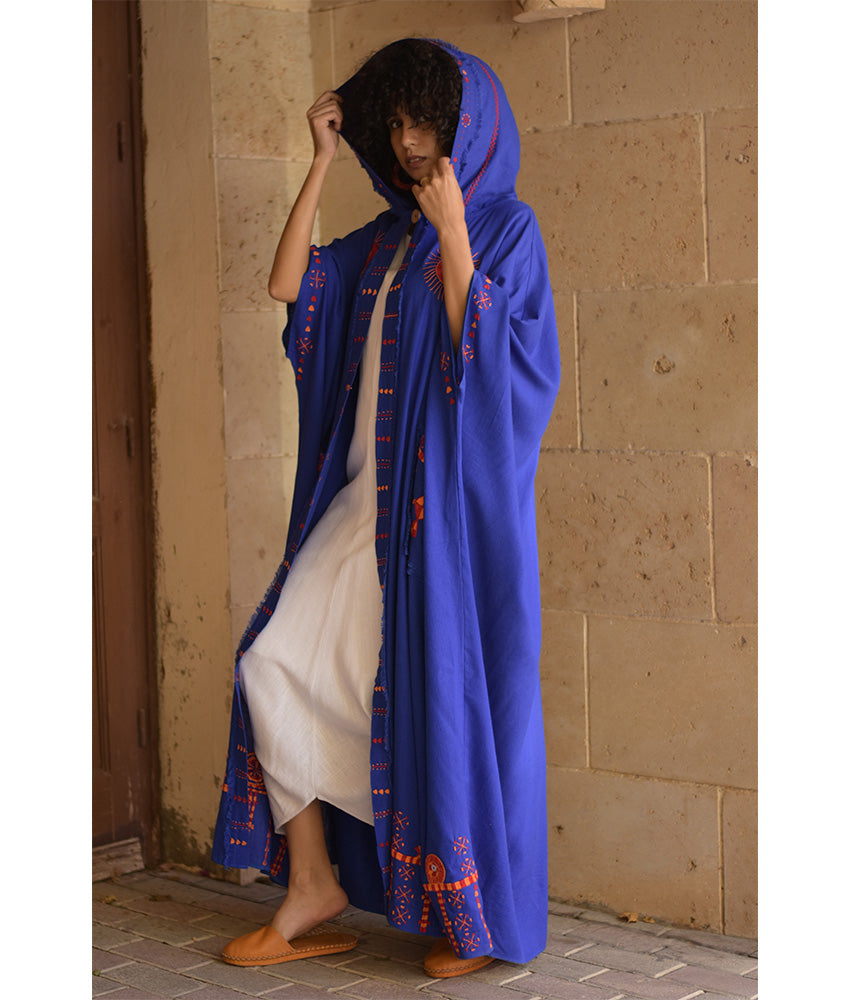 Electric Blue Siwa Embroidered Linen Cardigan/Abaya with Hoodie handmade in Egypt & available at Jozee Boutique.