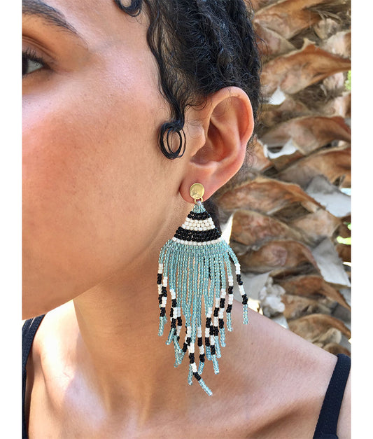 White, Black & Aqua Beaded Earrings handmade in Egypt & available in Jozee Boutique