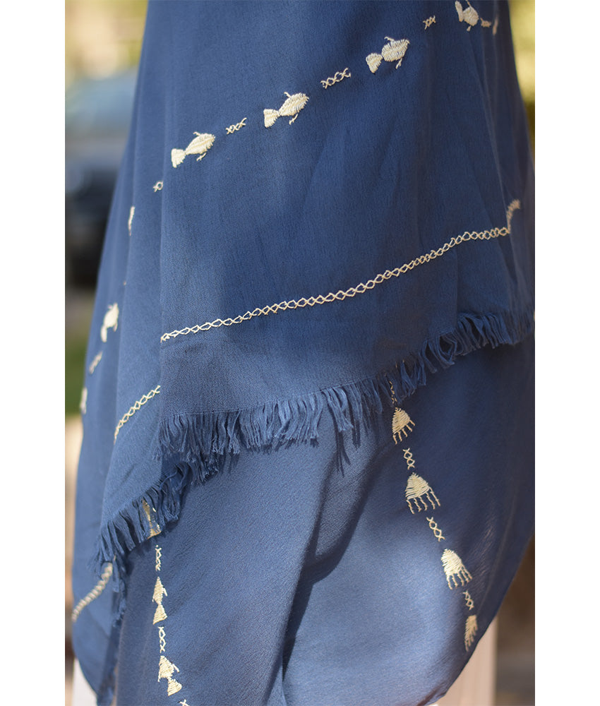 Denim blue Siwa Embroidered Viscose Shawl Handmade in Egypt & available at Jozee Boutique