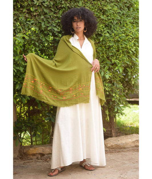 Light Olive Siwa Embroidered Viscose Shawl Handmade in Egypt & available at Jozee Boutique