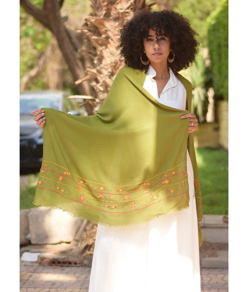 Light Olive Siwa Embroidered Viscose Shawl Handmade in Egypt & available at Jozee Boutique
