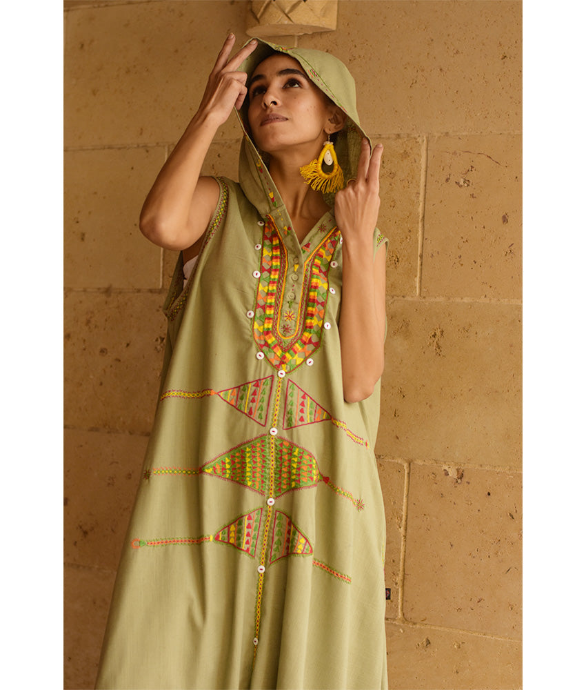 Light olive Siwa Heavily Embroidered Linen Dress with Hoodie handmade in Egypt & available at Jozee Boutique.